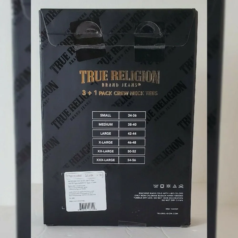 TRUE RELIGION LOUNGEWEAR 3 + 1 PACK CREW NECK TEES MEN SZ M METALLIC LOGO W/G/B - Picture 8 of 8